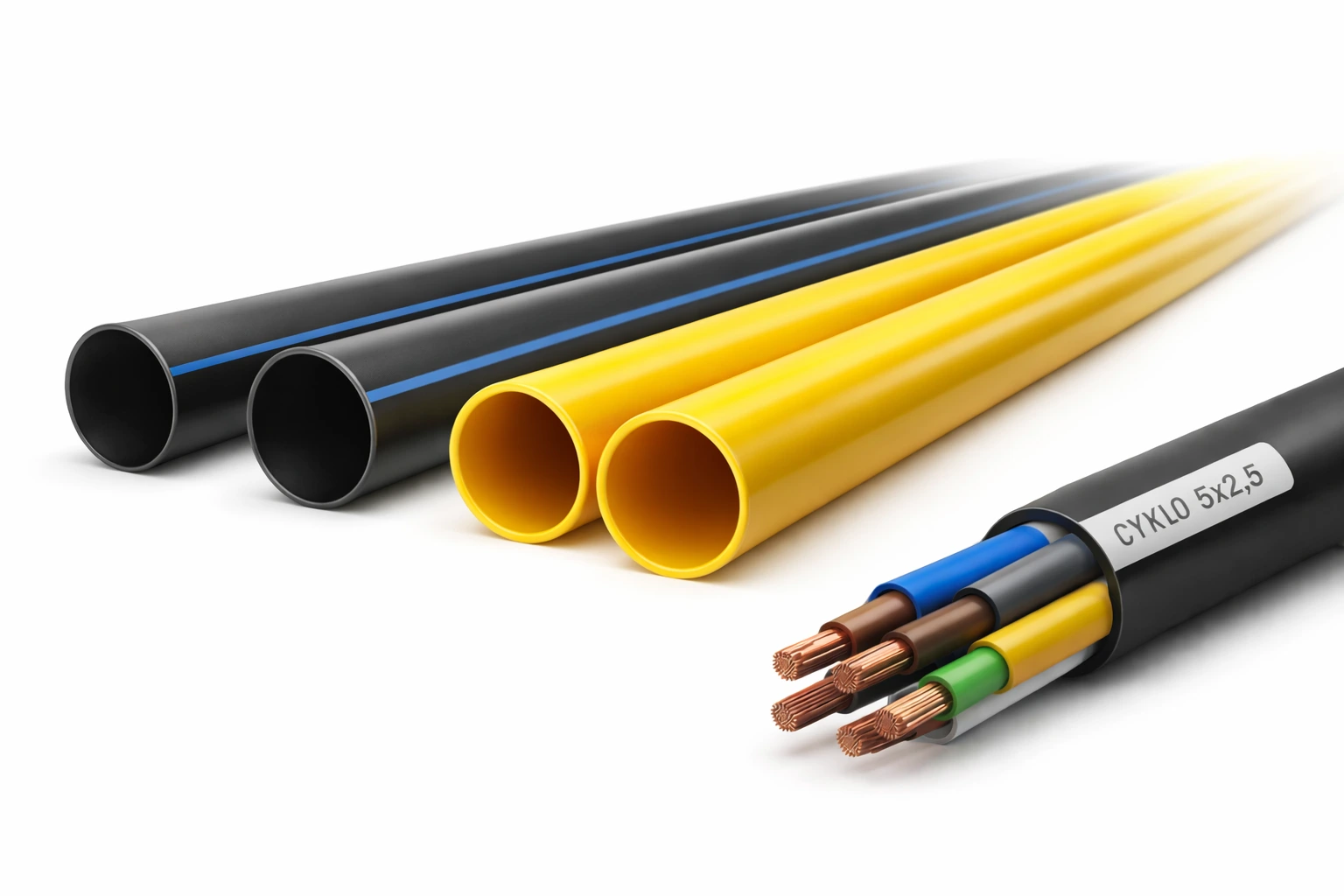 PE potrubí a elektro kabely CYKY - přípojky