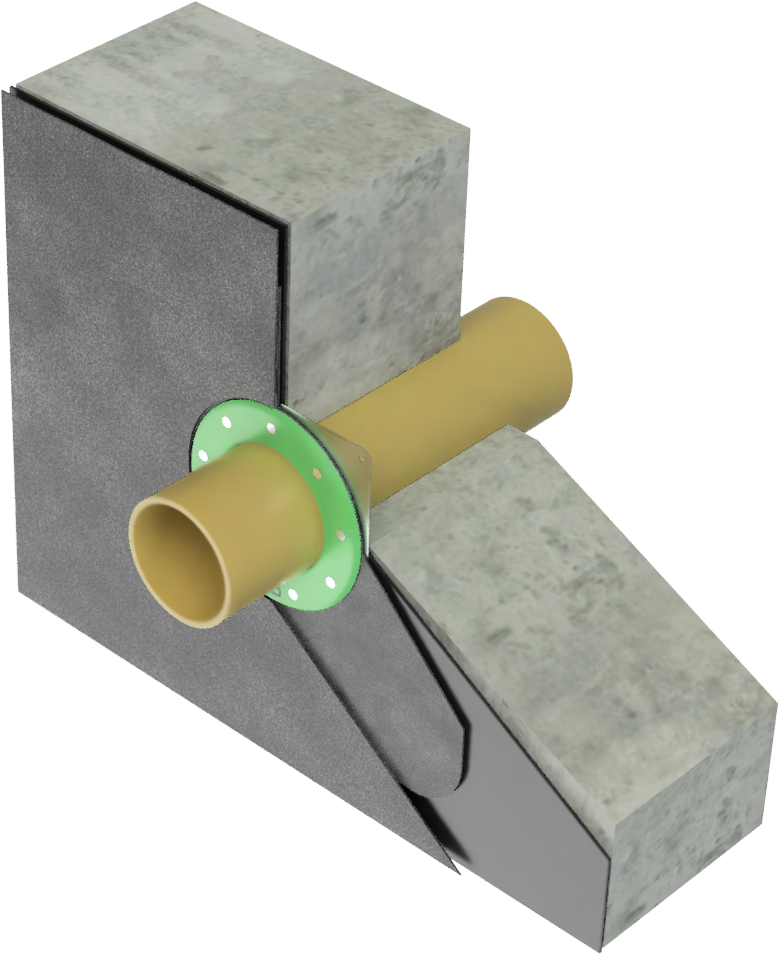 3D Render schématického řezu prostupem v konstrukci