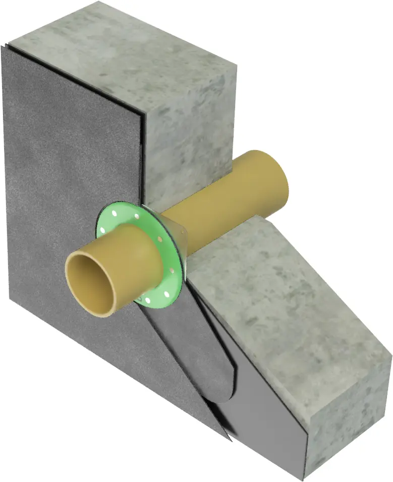 3D Render schématického řezu prostupem v konstrukci